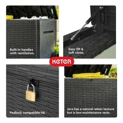 Keter Java 230 Gallon XXL Durable Resin Outdoor Storage and Organization Deck Box Ideal For Garden Patio Furniture and Supplies, Black