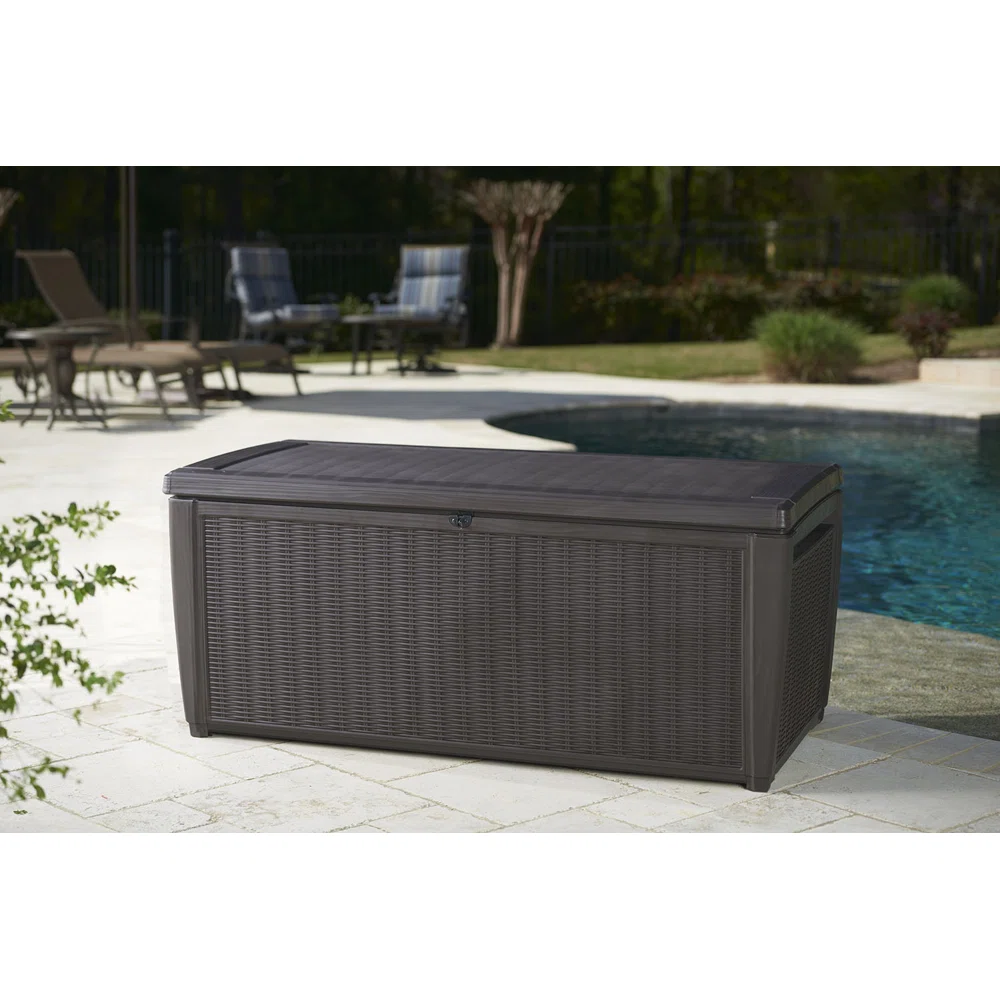 Keter Sumatra 135 Gallon Large Durable Resin Outdoor Storage and Organization Deck Box Ideal For Garden Patio Furniture and Supplies, Sumatra Brown