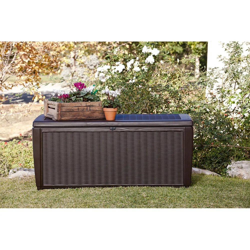 Keter Sumatra 135 Gallon Large Durable Resin Outdoor Storage and Organization Deck Box Ideal For Garden Patio Furniture and Supplies, Sumatra Brown