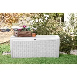 Keter Sumatra 135 Gallon Large Durable Resin Outdoor Storage and Organization Deck Box Ideal For Garden Patio Furniture and Supplies, Off-White