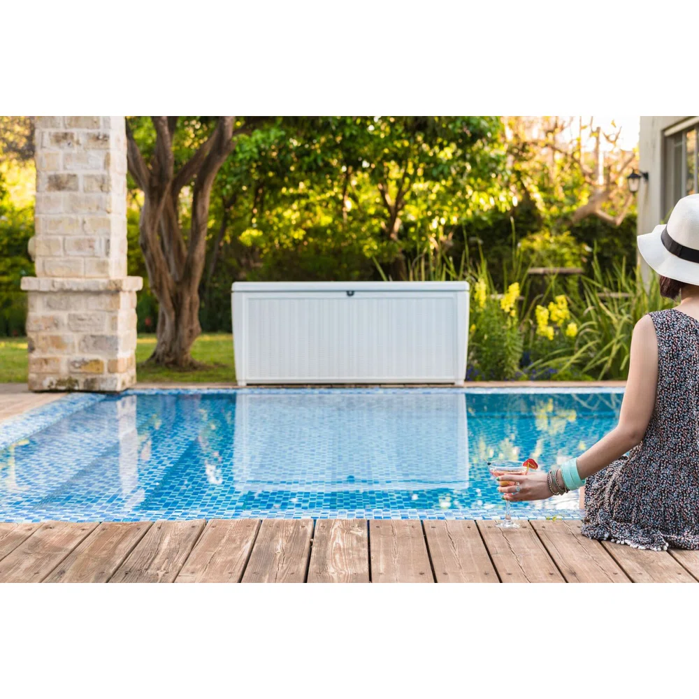 Keter Sumatra 135 Gallon Large Durable Resin Outdoor Storage and Organization Deck Box Ideal For Garden Patio Furniture and Supplies, Off-White