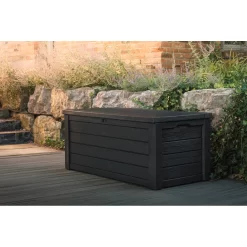 Keter Westwood 150 Gallon Large Durable Resin Outdoor Storage and Organization Deck Box For Patio Furniture and Supplies, Gray