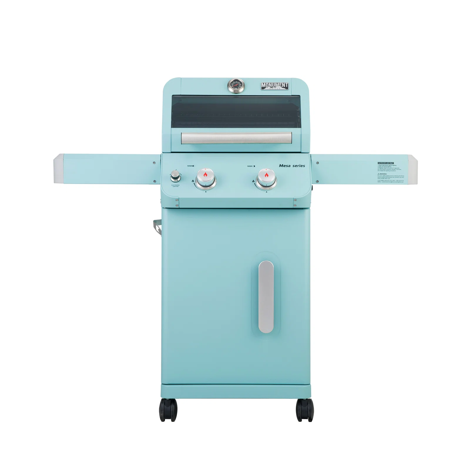 Monument Grills Mesa Series 2-Burner Free Standing Stailless Liquid Propane 24000 BTU Gas Grill with Cabinet, Light Blue
