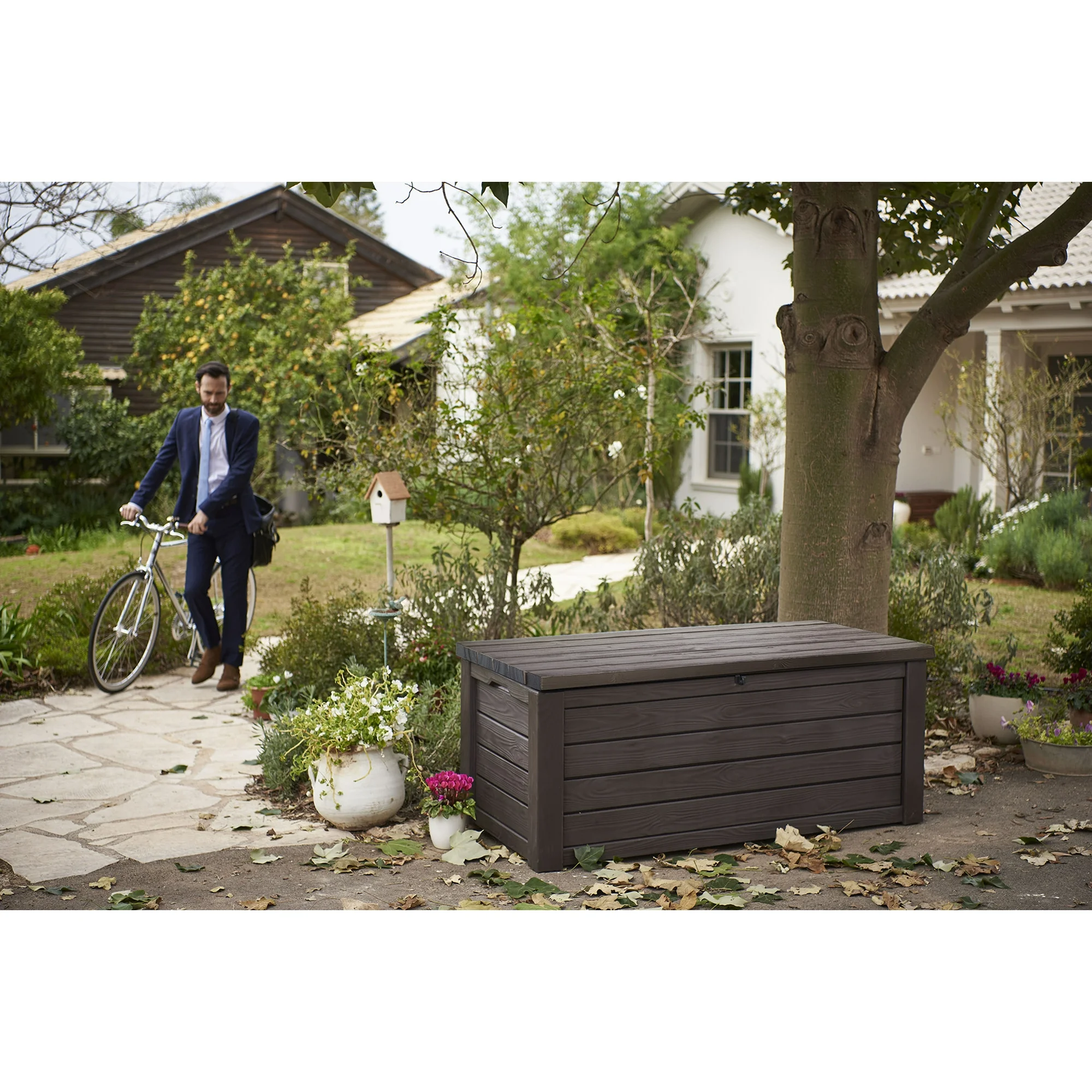 Keter Eastwood 150 Gallon Durable Resin Outdoor Storage and Organization Deck Box For Patio Furniture and Supplies, Brown