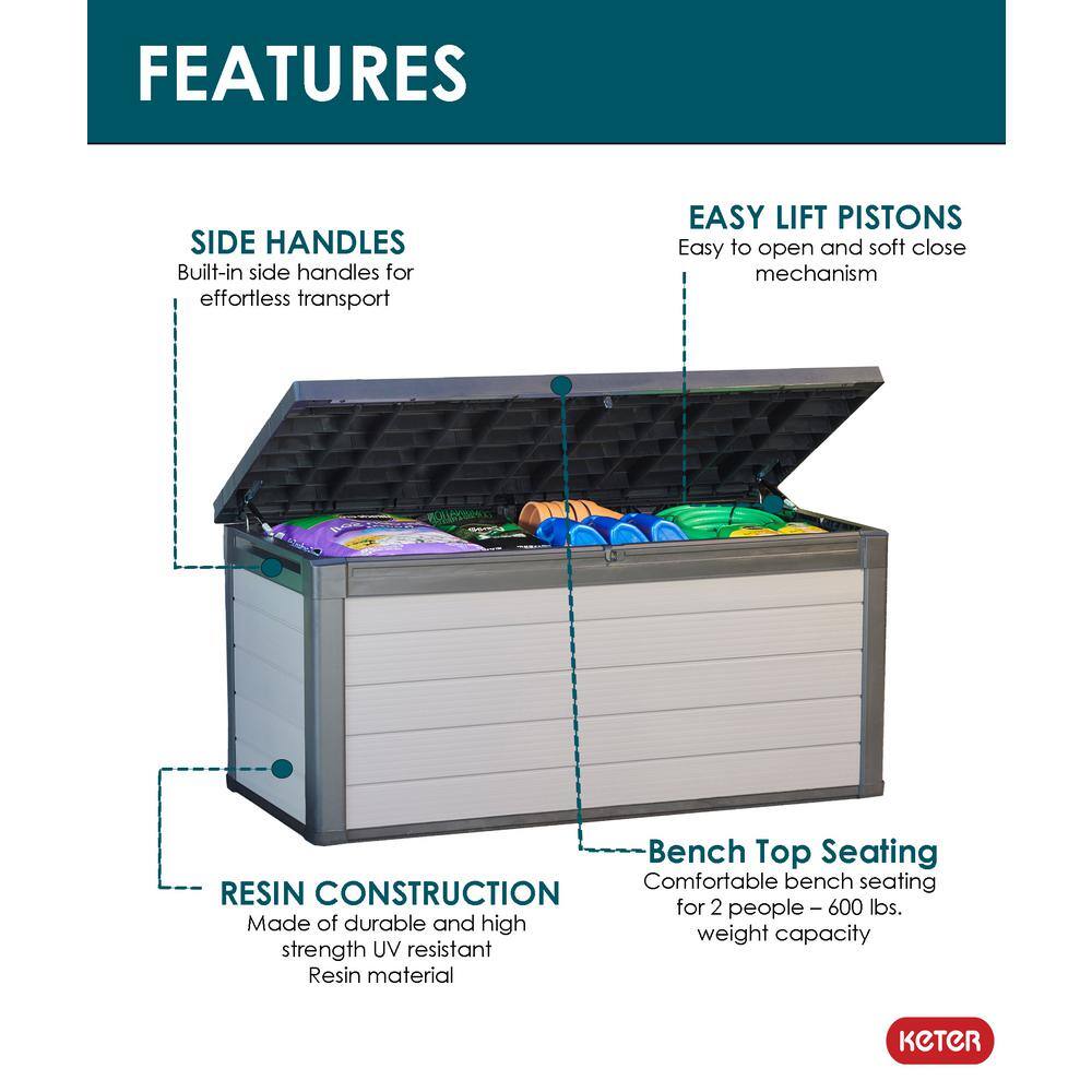 Keter Premier 150 Gallon Durable Resin Outdoor Storage and Organization Deck Box Ideal For Garden Patio Furniture and Supplies, Grey
