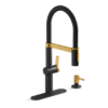KOHLER Koi Pre-Rinse Spring Matte Black w/Moderne Brass Single Handle Deck-mount Pull-down Kitchen Faucet with Sprayer ( Deck Plate Included ) (Soap Dispenser Included)