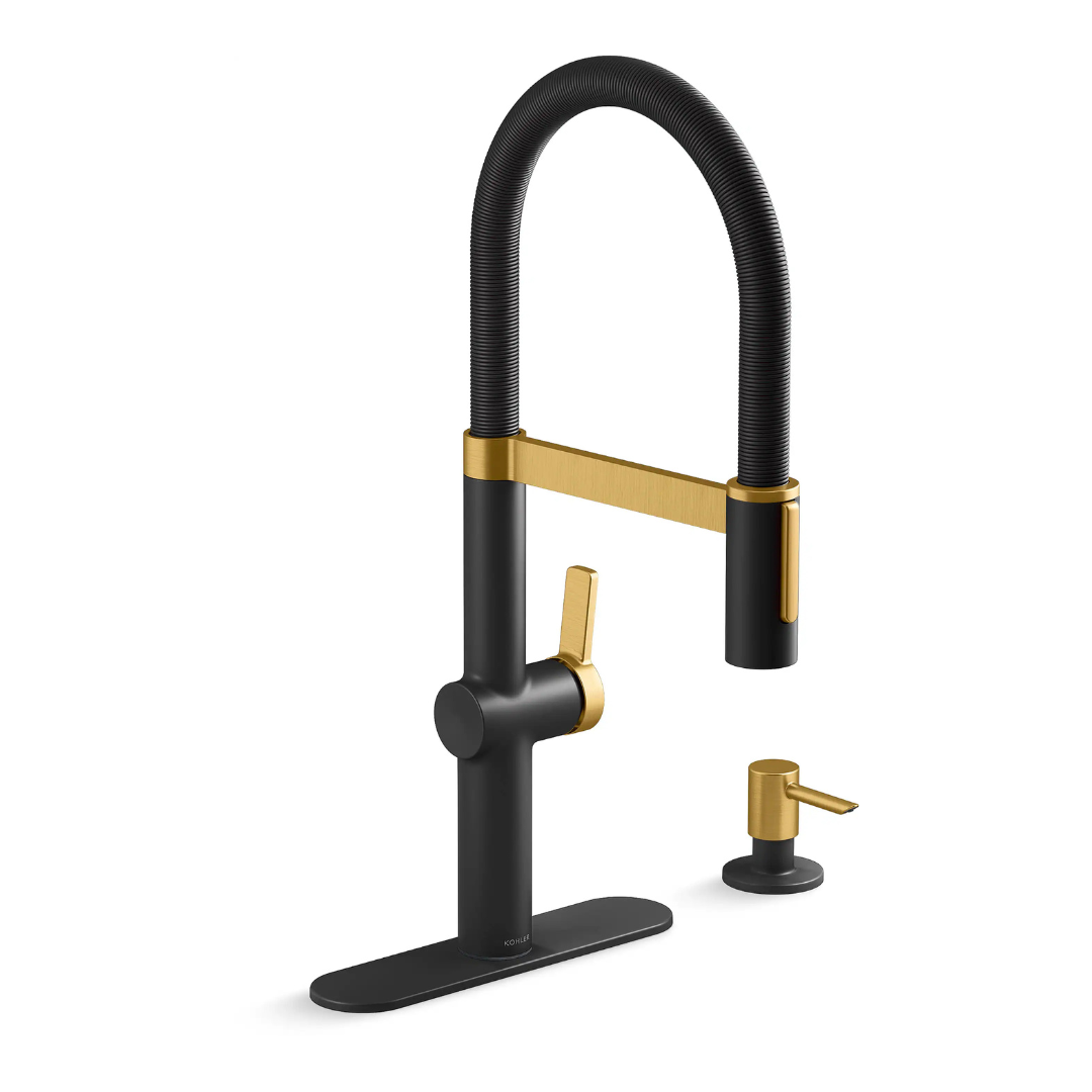 KOHLER Koi Pre-Rinse Spring Matte Black w/Moderne Brass Single Handle Deck-mount Pull-down Kitchen Faucet with Sprayer ( Deck Plate Included ) (Soap Dispenser Included)
