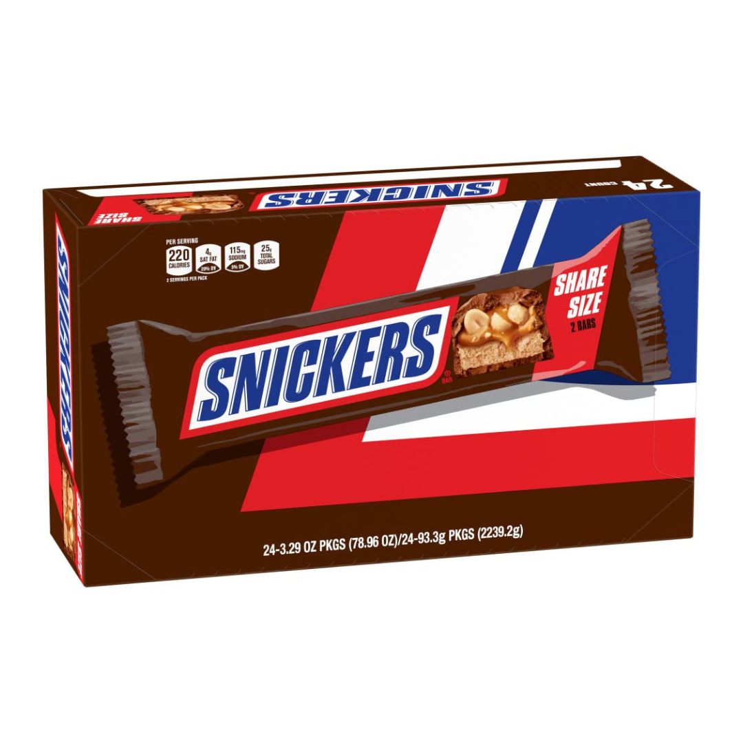 SNICKERS Milk Chocolate Candy Bars - Individually Wrapped Share Size Milk Chocolate Bars, 3.29 oz, Pack of 24 Bulk Box