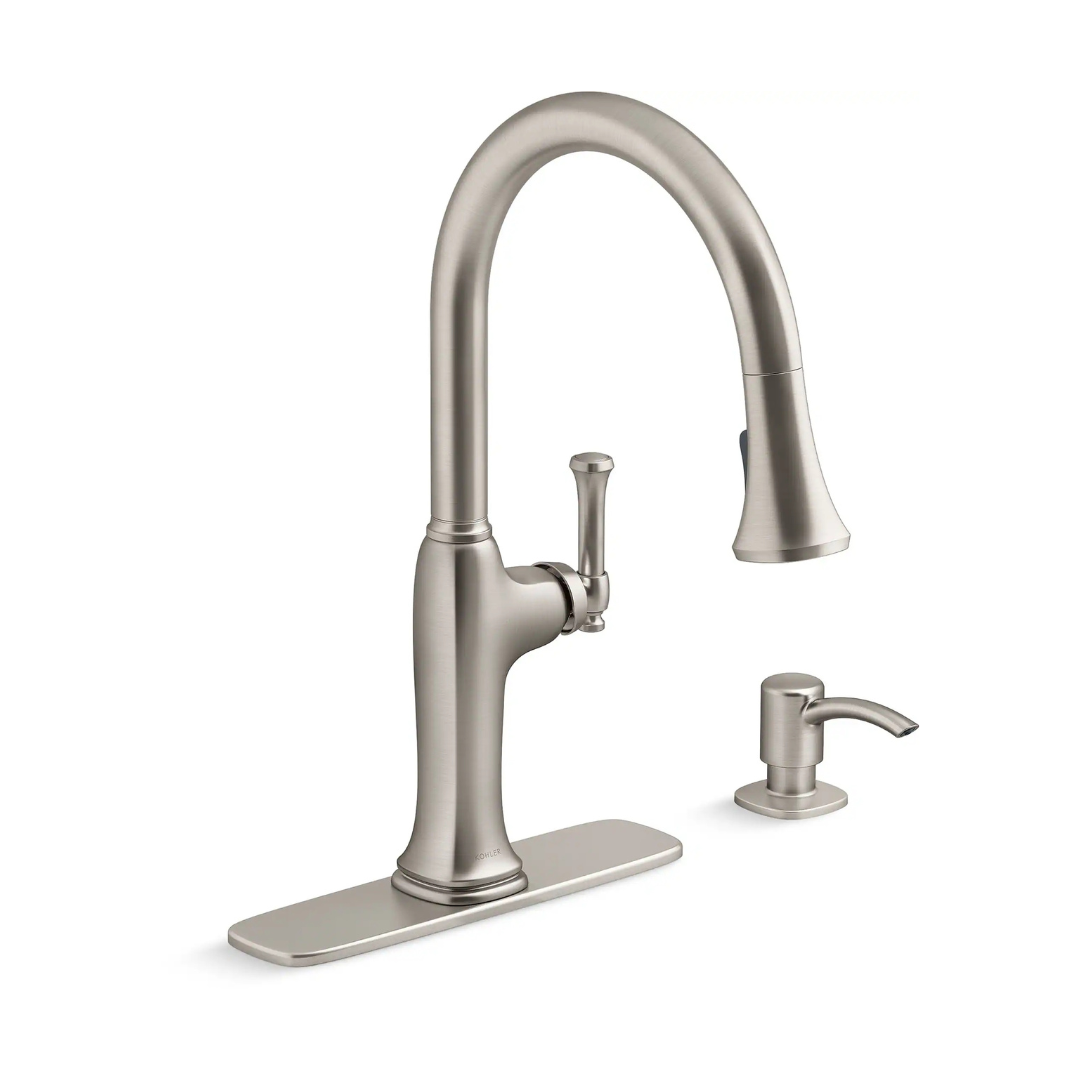 KOHLER Kanan Vibrant Stainless Double Handle Deck-mount Pull-down Kitchen Faucet with Sprayer ( Deck Plate Included ) (Soap Dispenser Included)