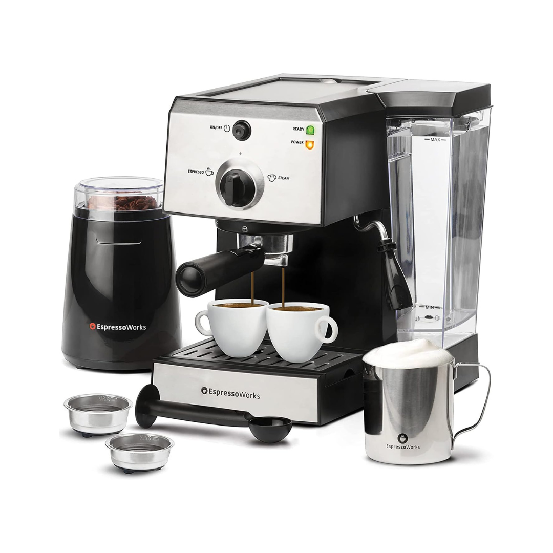 EspressoWorks All-In-One Espresso Machine with Milk Frother 7 Piece Set - Latte Maker Includes Grinder - Coffee Gifts (Stainless Steel)