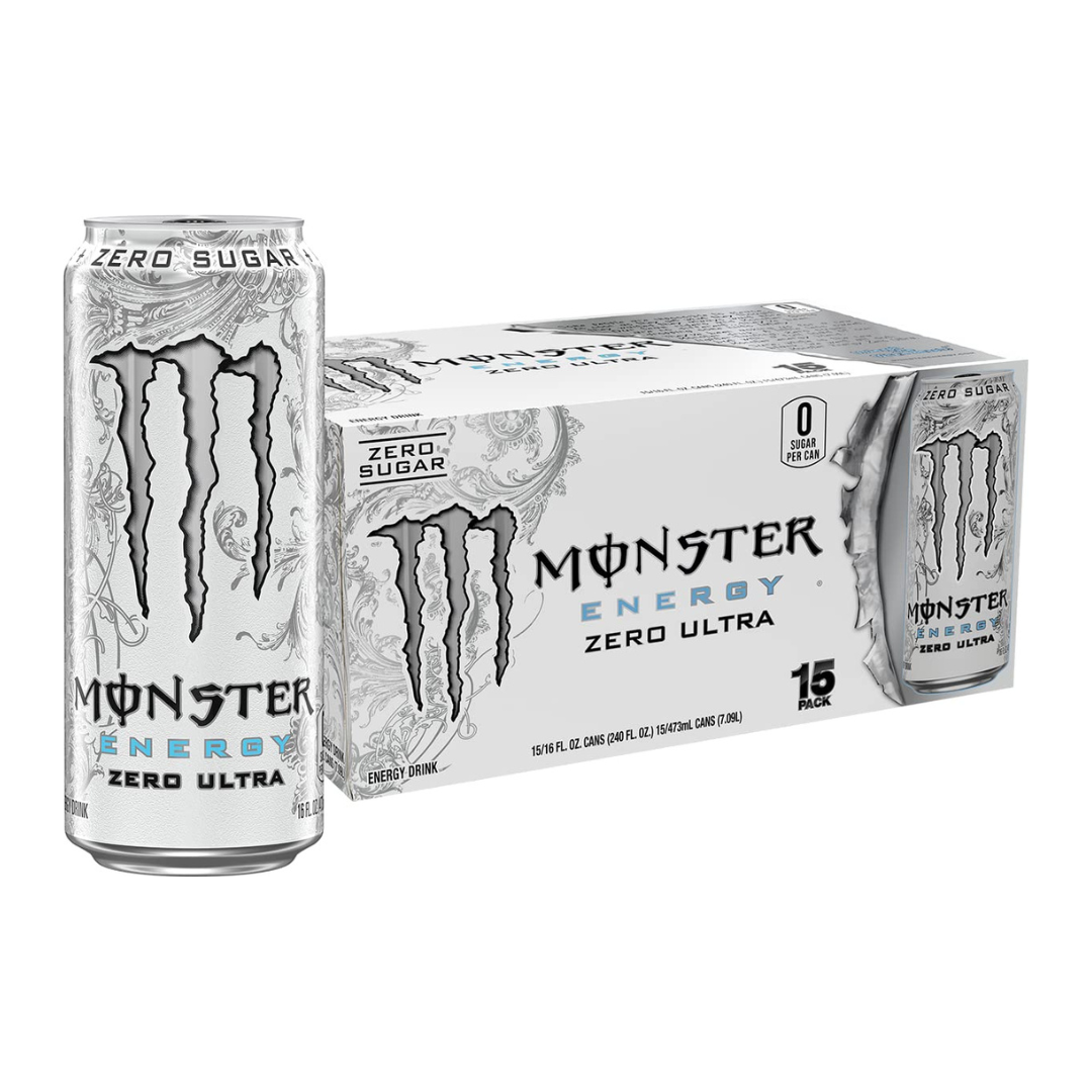 Monster Energy Zero Ultra, Sugar Free Energy Drink, 16 Ounce (Pack of 15)