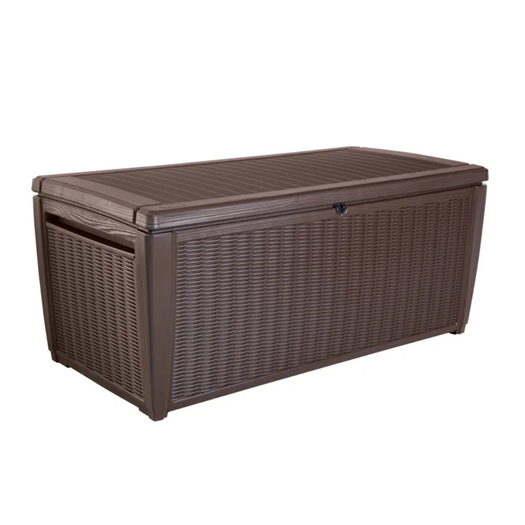 Keter Sumatra 135 Gallon Large Durable Resin Outdoor Storage and Organization Deck Box Ideal For Garden Patio Furniture and Supplies, Sumatra Brown