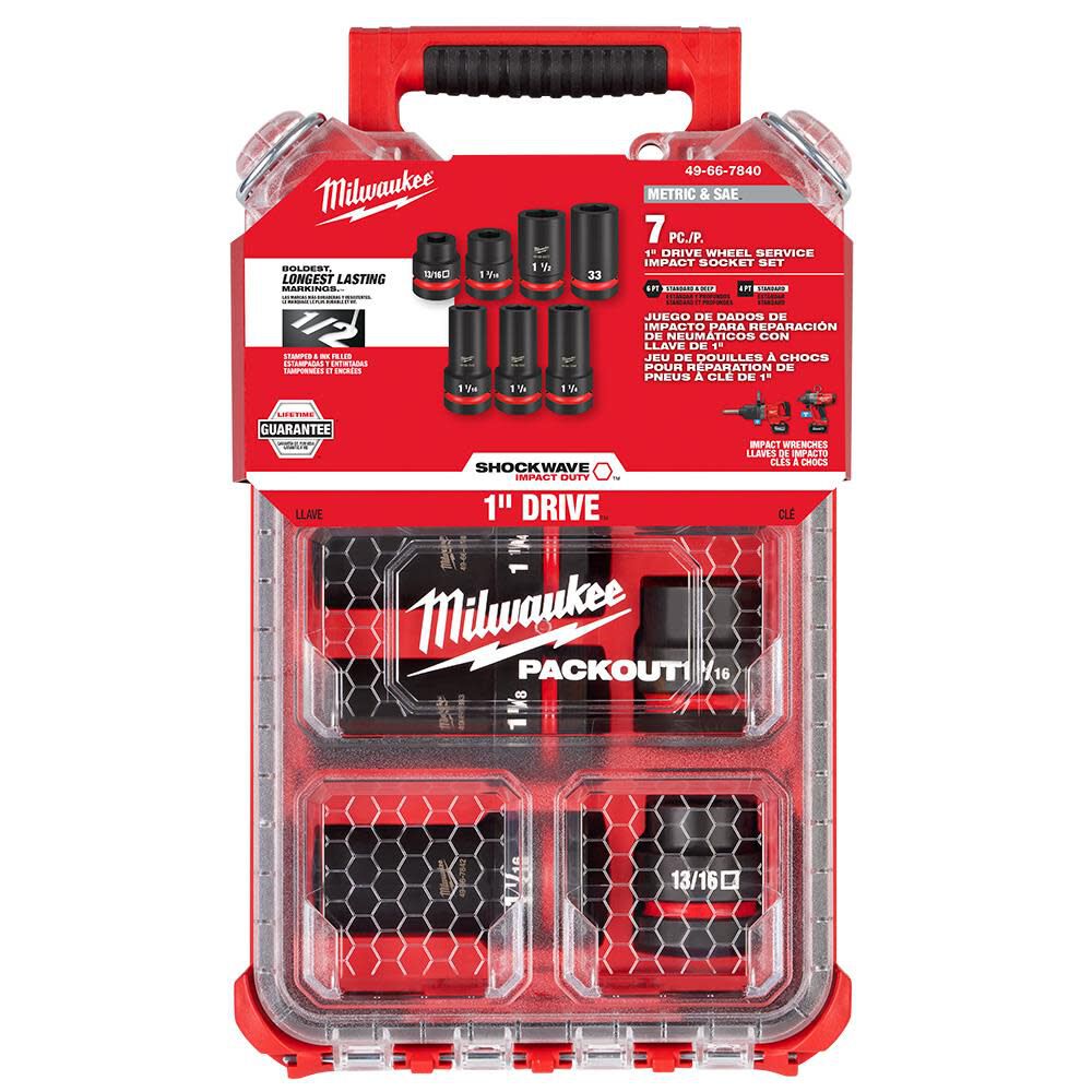 Milwaukee 49-66-7840 SHOCKWAVE Impact Duty 1 in Drive 7 Piece MM & SAE Wheel Service Socket PACKOUT Set