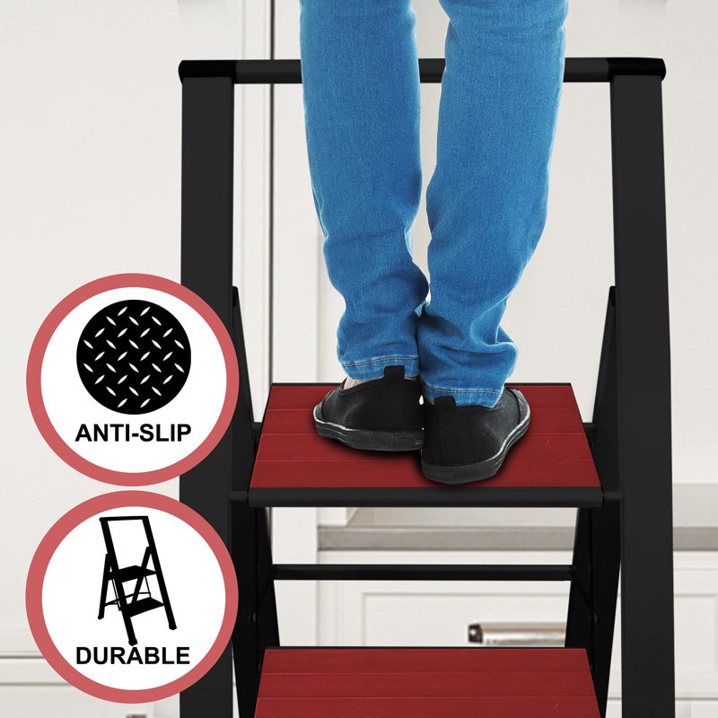 Sorfey Step Ladders 4 - Step Steel Lightweight Folding Step Ladder, Black/Red
