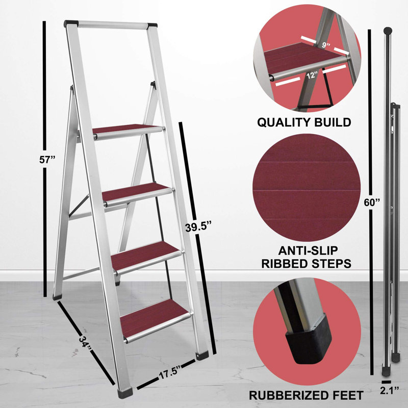 Sorfey Step Ladders 4 - Step Steel Lightweight Folding Step Ladder, Silver/Red