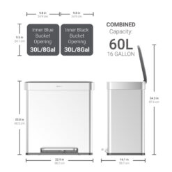 Qualiazero 16 Gallon Stainless Steel Step On Multi-Compartments Trash & Recycling Bin