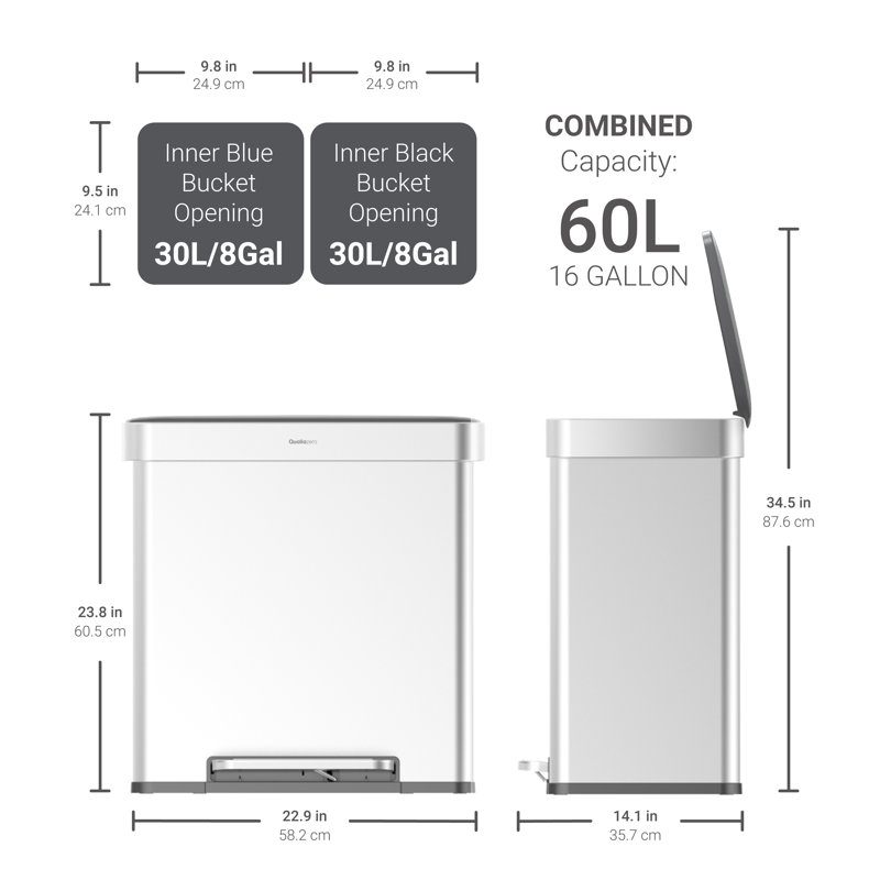Qualiazero 16 Gallon Stainless Steel Step On Multi-Compartments Trash & Recycling Bin