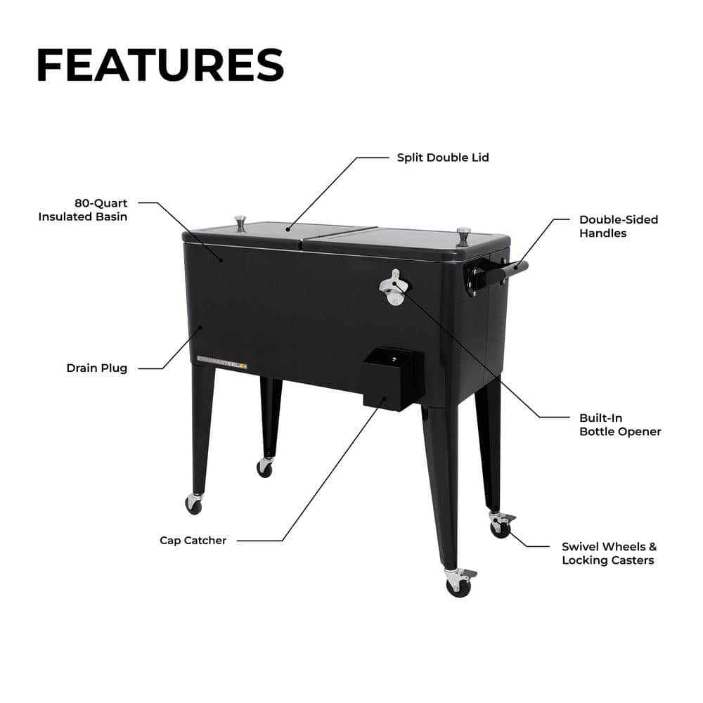 PERMASTEEL 80 qt. Black Classic Outdoor Rolling Patio Cooler with Wheels and Handles PS-203-BLK