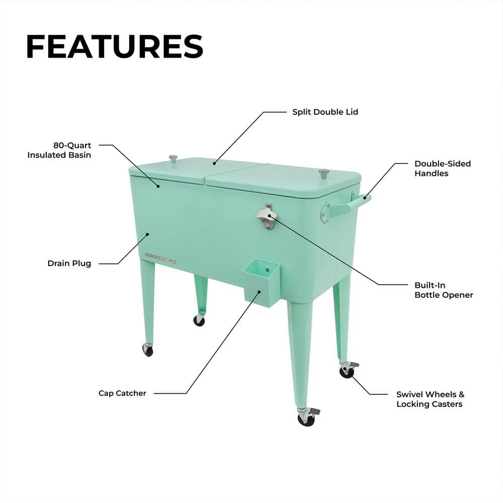 PERMASTEEL 80 qt. Mint Green Classic Outdoor Rolling Patio Cooler with Wheels and Handles PS-203-MINT