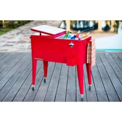 PERMASTEEL 80 qt. Red Classic Outdoor Rolling Patio Cooler with Wheels and Handles PS-203-RED