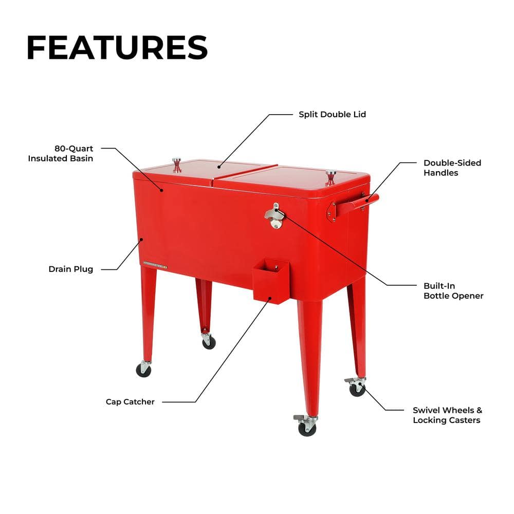 PERMASTEEL 80 qt. Red Classic Outdoor Rolling Patio Cooler with Wheels and Handles PS-203-RED