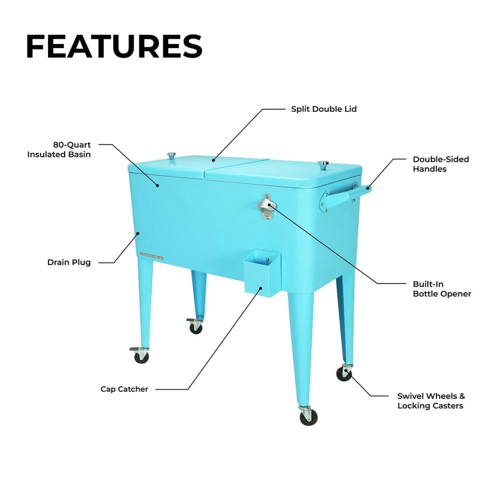 PERMASTEEL 80 qt. Turquoise Classic Outdoor Rolling Patio Cooler with Wheels and Handles PS-203 Turq
