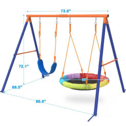 Jovego 690lbs 2 Seat Swing Set for Backyard, 1 Saucer Swing and 1 Belt Swing with Heavy Duty Outdoor A-Frame Metal Swing Stand for Playground, Playset