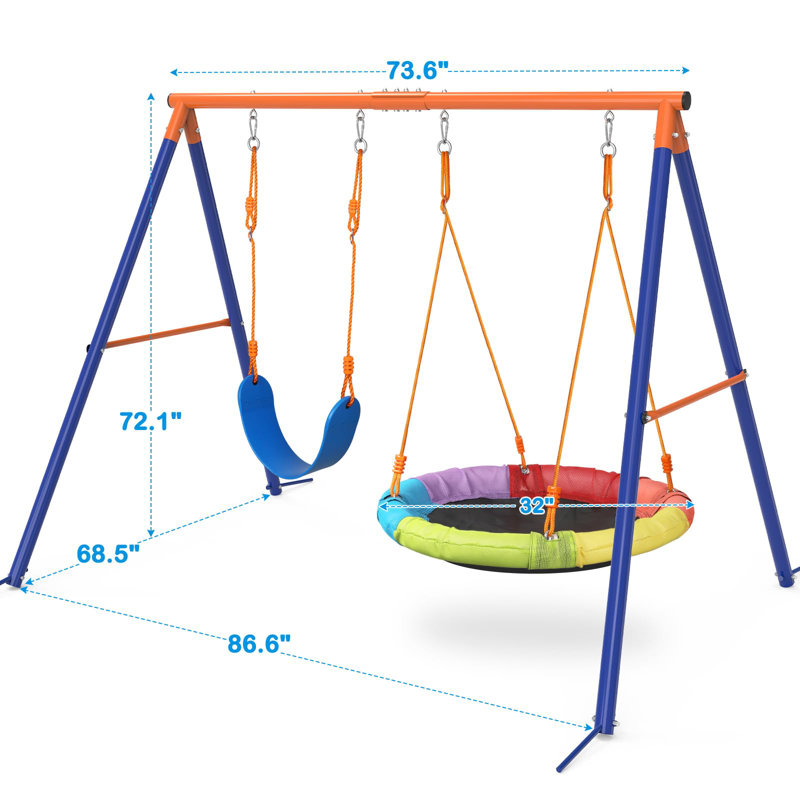 Jovego 690lbs 2 Seat Swing Set for Backyard, 1 Saucer Swing and 1 Belt Swing with Heavy Duty Outdoor A-Frame Metal Swing Stand for Playground, Playset