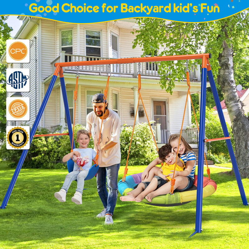 Jovego 690lbs 2 Seat Swing Set for Backyard, 1 Saucer Swing and 1 Belt Swing with Heavy Duty Outdoor A-Frame Metal Swing Stand for Playground, Playset