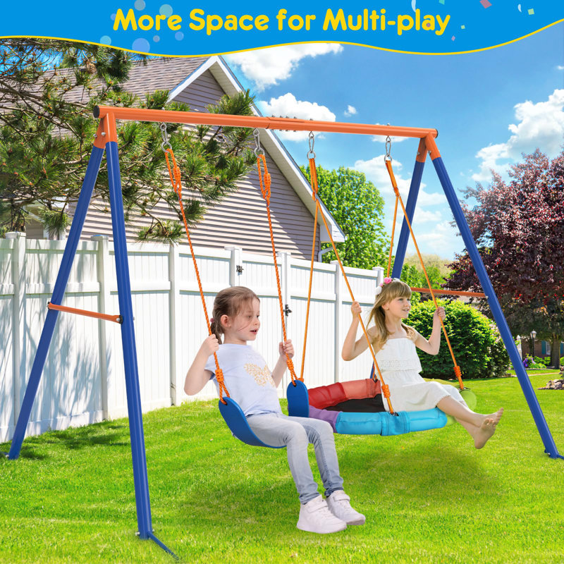 Jovego 690lbs 2 Seat Swing Set for Backyard, 1 Saucer Swing and 1 Belt Swing with Heavy Duty Outdoor A-Frame Metal Swing Stand for Playground, Playset