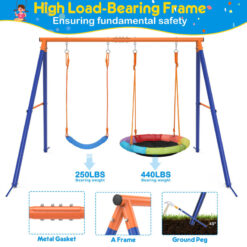 Jovego 690lbs 2 Seat Swing Set for Backyard, 1 Saucer Swing and 1 Belt Swing with Heavy Duty Outdoor A-Frame Metal Swing Stand for Playground, Playset