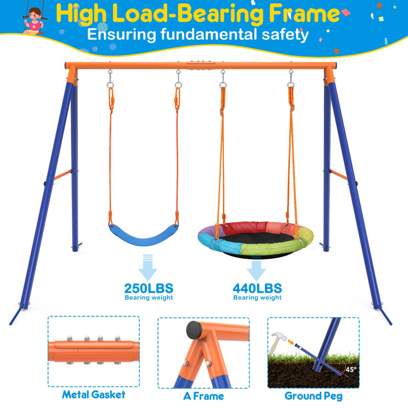 Jovego 690lbs 2 Seat Swing Set for Backyard, 1 Saucer Swing and 1 Belt Swing with Heavy Duty Outdoor A-Frame Metal Swing Stand for Playground, Playset