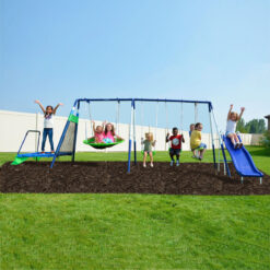 Sportspower Mountain View Metal Swing Set with Glide Ride, Saucer, Trampoline, and Lifetime Warranty