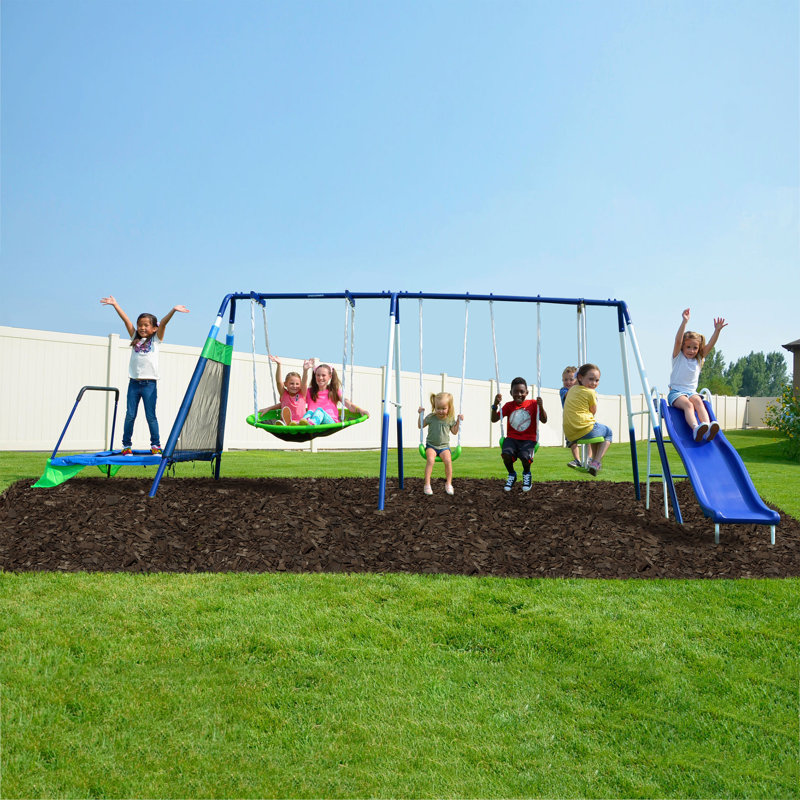 Sportspower Mountain View Metal Swing Set with Glide Ride, Saucer, Trampoline, and Lifetime Warranty