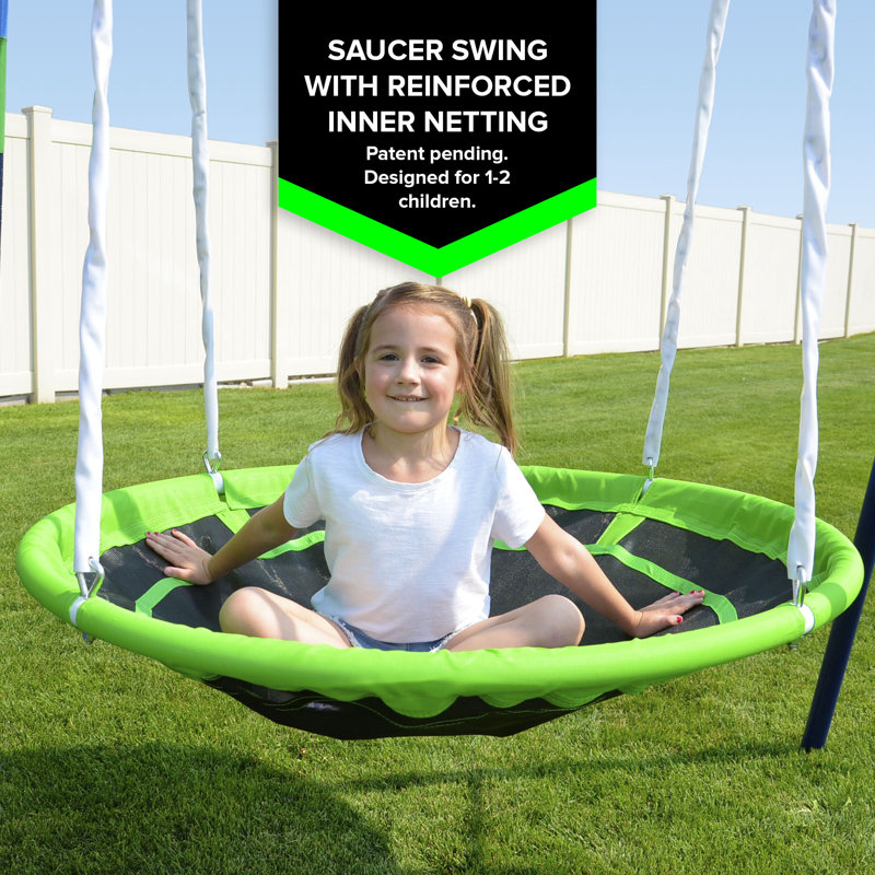 Sportspower Mountain View Metal Swing Set with Glide Ride, Saucer, Trampoline, and Lifetime Warranty