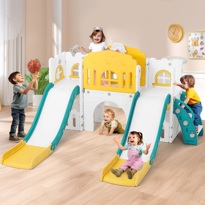 Joyldias 70.9'' W 9 In 1 Plastic Climber Toddler Slide, Toddler Playground With Double Slides,