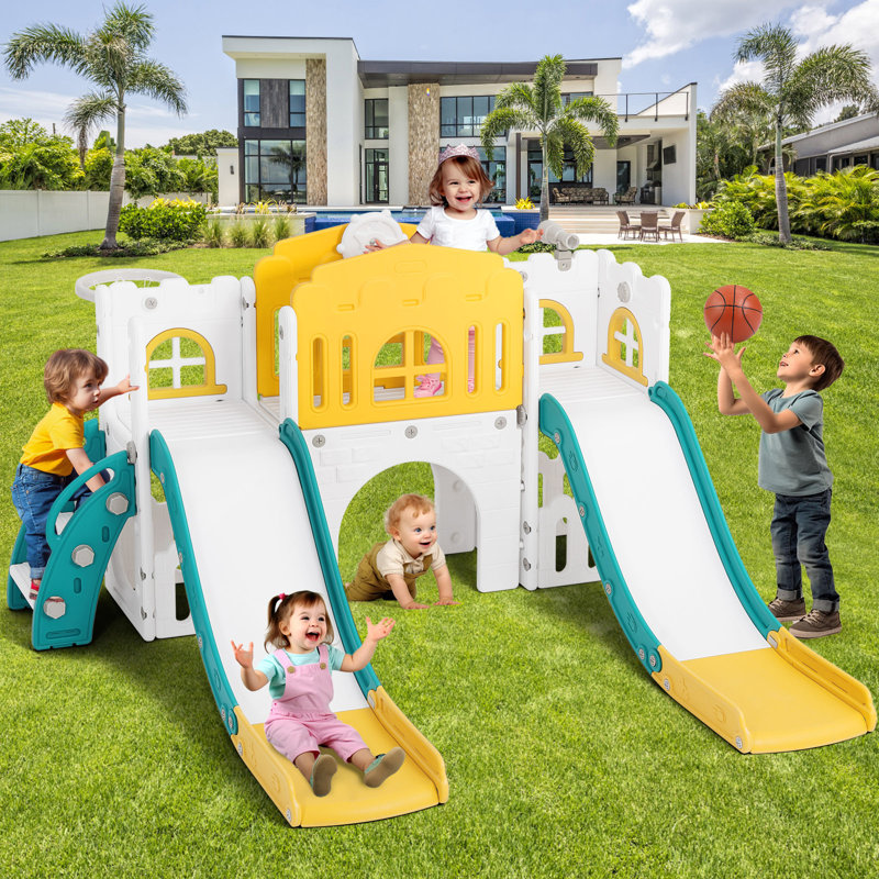 Joyldias 70.9'' W 9 In 1 Plastic Climber Toddler Slide, Toddler Playground With Double Slides,