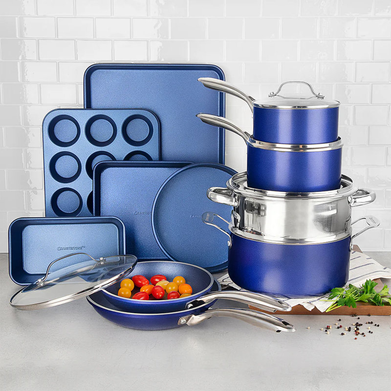 Granitestone Blue 20 Piece Aluminum Non Stick Cookware & Bakeware Set with Ultra Nonstick Surface, Oven & Dishwasher Safe