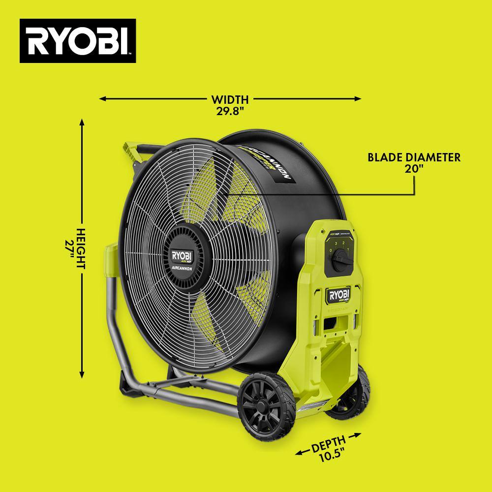 RYOBI 40V HP Brushless Cordless Hybrid WHISPER SERIES 20 in. Air Cannon Fan (Tool Only) RY40HF01B