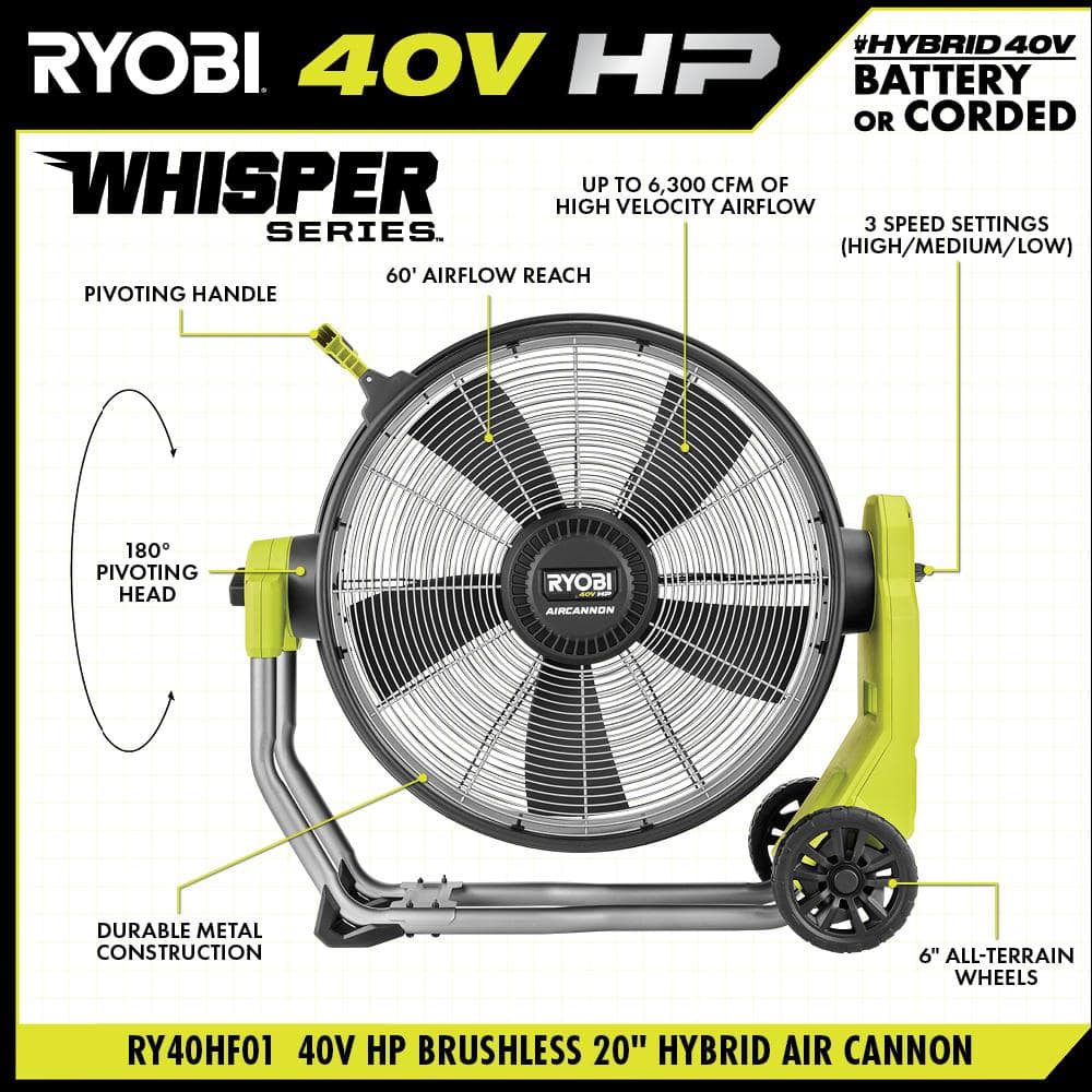 RYOBI 40V HP Brushless Cordless Hybrid WHISPER SERIES 20 in. Air Cannon Fan (Tool Only) RY40HF01B