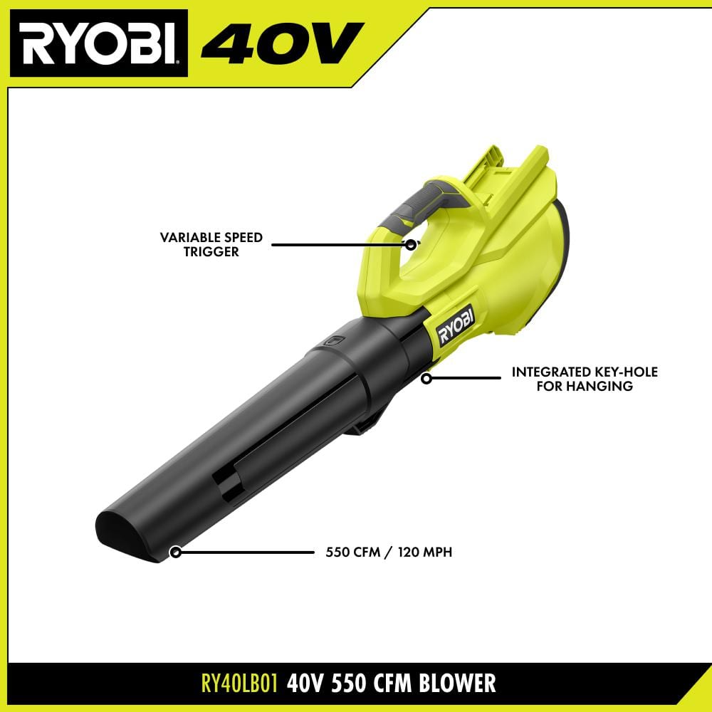 RYOBI 40V 120 MPH 550 CFM Cordless Battery Leaf Blower (Tool Only) RY40LB01B