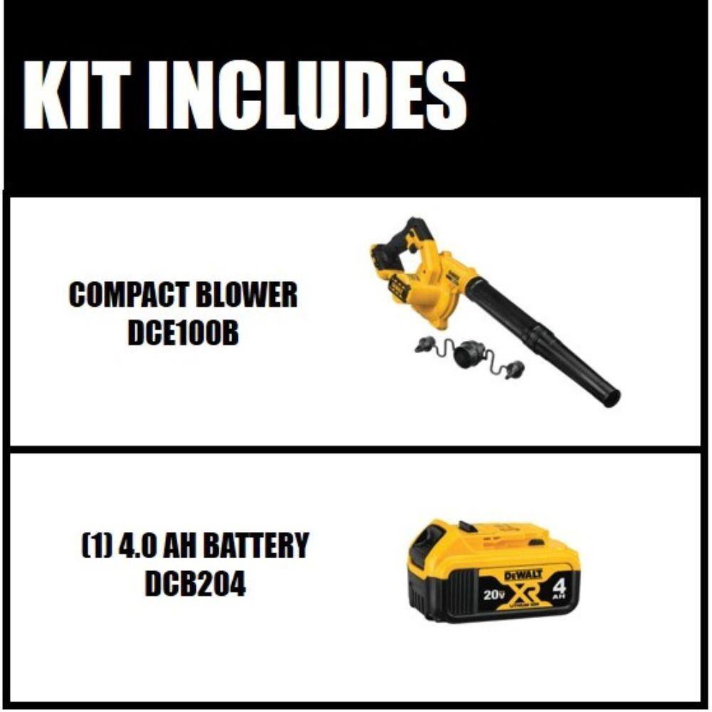 DEWALT 20V MAX Cordless Compact Jobsite Blower 135 MPH 100 CFM and (1) 20V MAX Premium Lithium-Ion 4.0Ah Battery DCE100BW204
