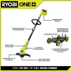 RYOBI ONE+ 18V 12 in. Cordless Battery 3-in-1 Mower, String Trimmer, and Edger (Tool Only) P20016BTL