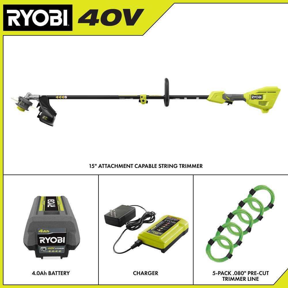 RYOBI 40V 15 in. Expand-It Cordless Battery Attachment Capable String Trimmer &. 080 Pre-Cut Line w/ 4.0 Ah Battery & Charger RY40ST01K-AC0580PCL