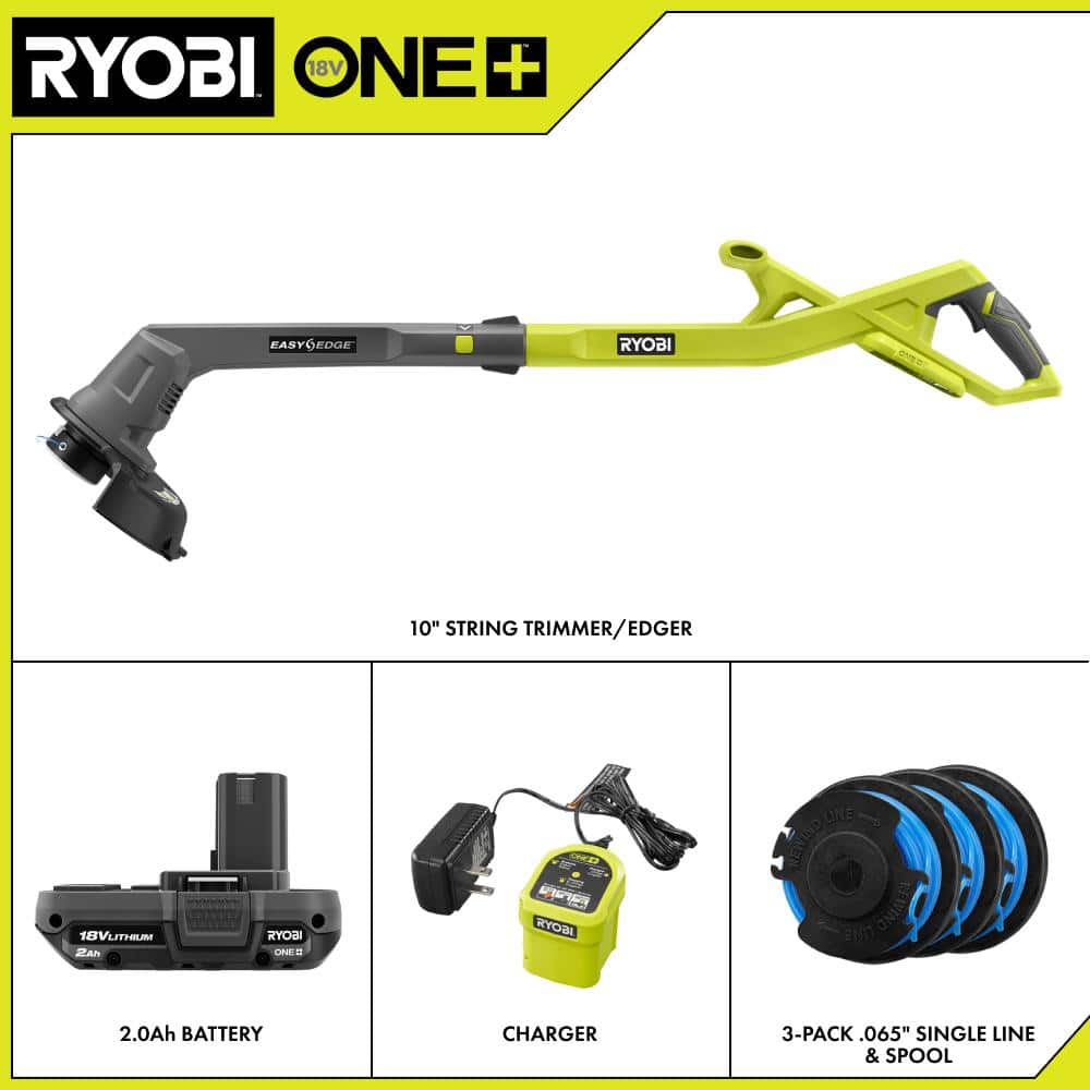 RYOBI ONE+ 18V 10 in. Cordless Battery String Trimmer/Edger 2.0 Ah Battery and Charger kit with ONE+ 0.065 Spool (3-Pack) PCLST01K-AC14RL3A