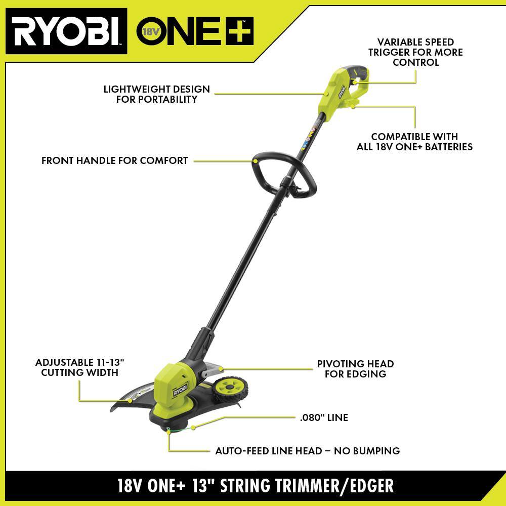 RYOBI ONE+ 18V 13 in. Cordless Battery String Trimmer/ Edger with Extra 3-Pack of Spools, 4.0 Ah Battery and Charger P20180-AC80RL3