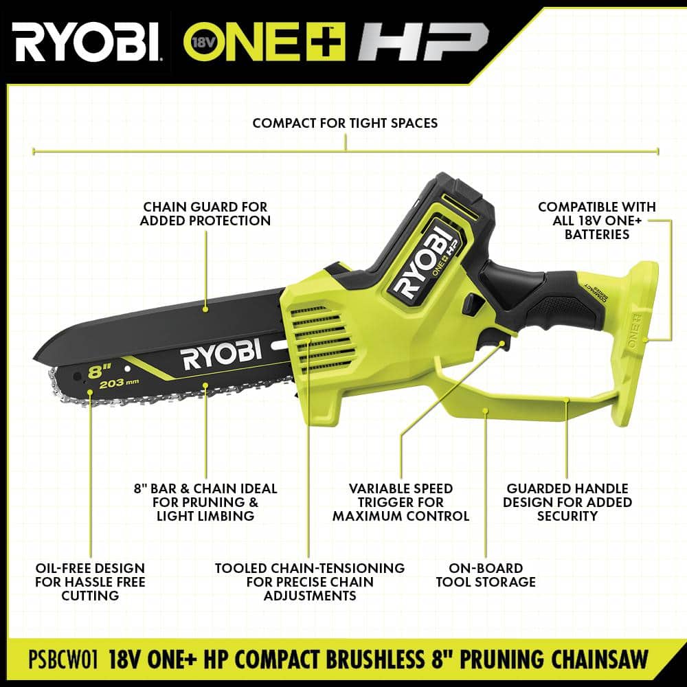 RYOBI ONE+ HP 18V Brushless 8 in. Battery Compact Pruning Mini Chainsaw (Tool Only) PSBCW01B