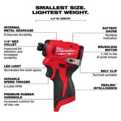 Milwaukee M12 12V Lithium-Ion Subcompact Brushless Cordless 1/4 in. Hex Impact Driver (Tool-Only) 3450-20