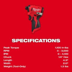 Milwaukee M12 12V Lithium-Ion Subcompact Brushless Cordless 1/4 in. Hex Impact Driver (Tool-Only) 3450-20