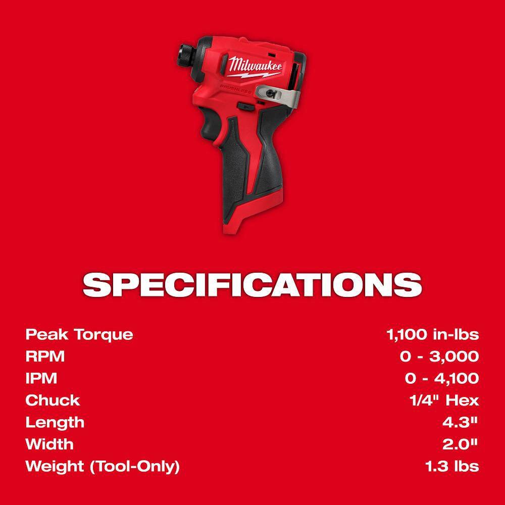 Milwaukee M12 12V Lithium-Ion Subcompact Brushless Cordless 1/4 in. Hex Impact Driver (Tool-Only) 3450-20